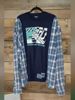 Upcycled Navy Graphic Tee with Blue Plaid Layered Look